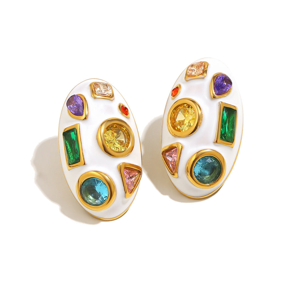 Heart Oval 18K Gold CZ Enamel Stainless Steel Stud Earring Pair Bulk