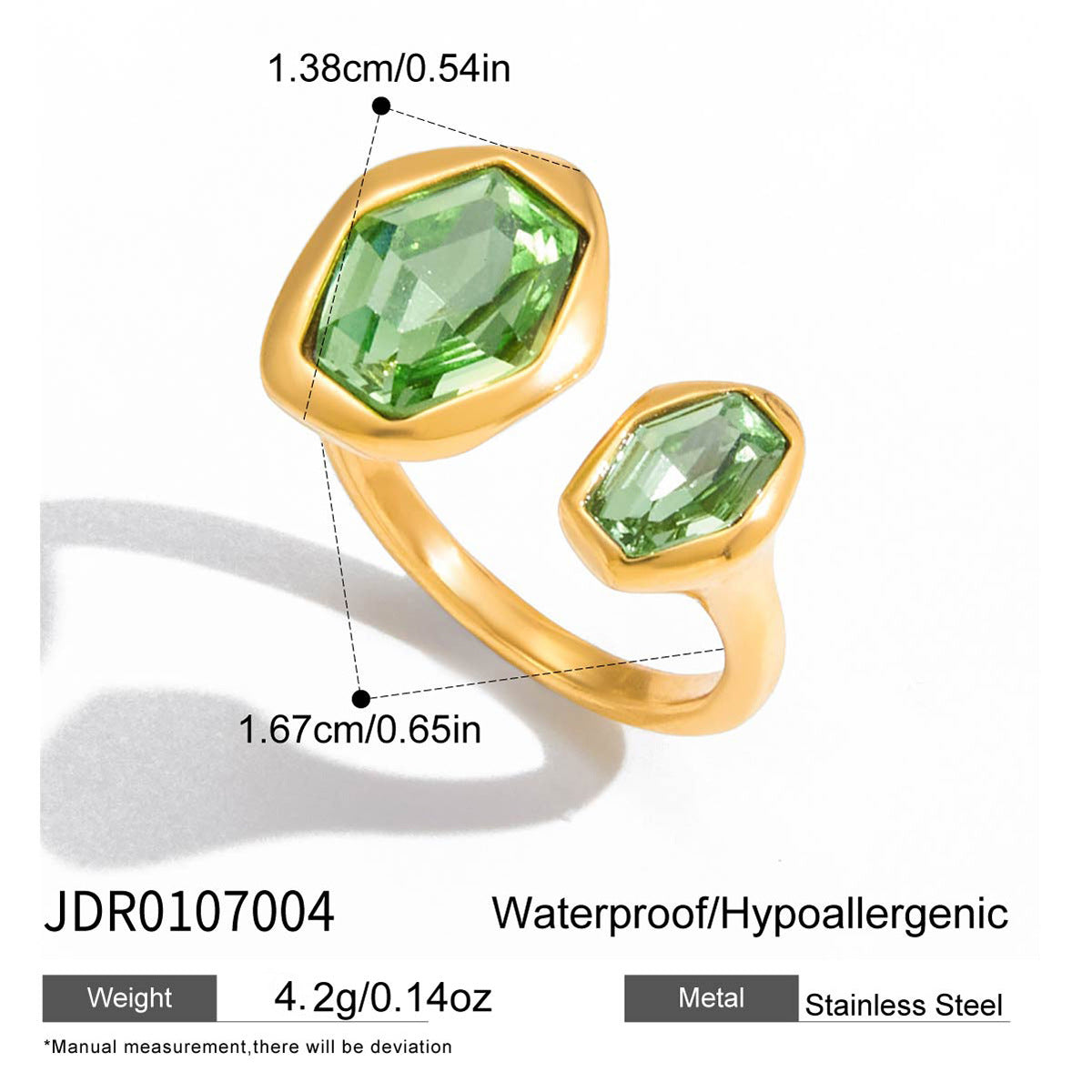Dual Gold Geometric Green CZ Stainless Steel Adjustable Cocktail Ring Bulk