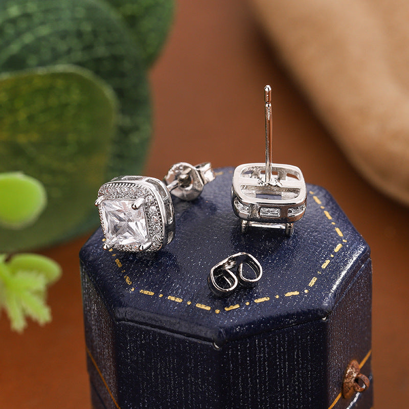White Designer Square Cut Silver Plated CZ Copper Stud Earrings Bulk
