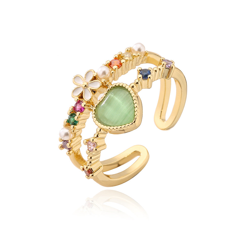 Bulk Green Pink White Heart Flower Gold CZ Adjustable Fancy Ring