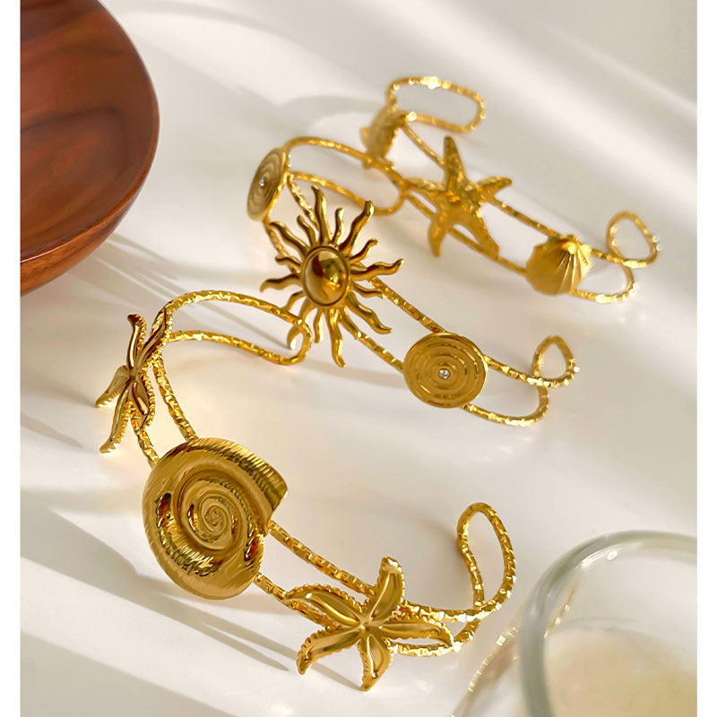 Starfish Conch Sun 18K Gold Stainless Steel Anti Tarnish Bracelet Cuff For Women Main image