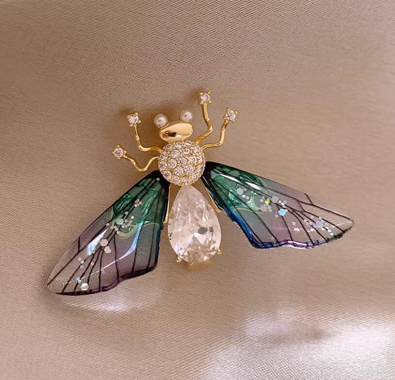 Blue Honey Bee Gold Cubic Zirconia Copper Brooch For Women Bulk