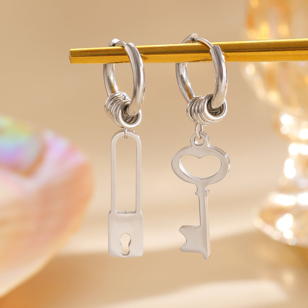 Trendy Lock & Key Charm Gold Silver Plated Alloy Hoop Earrings Bulk