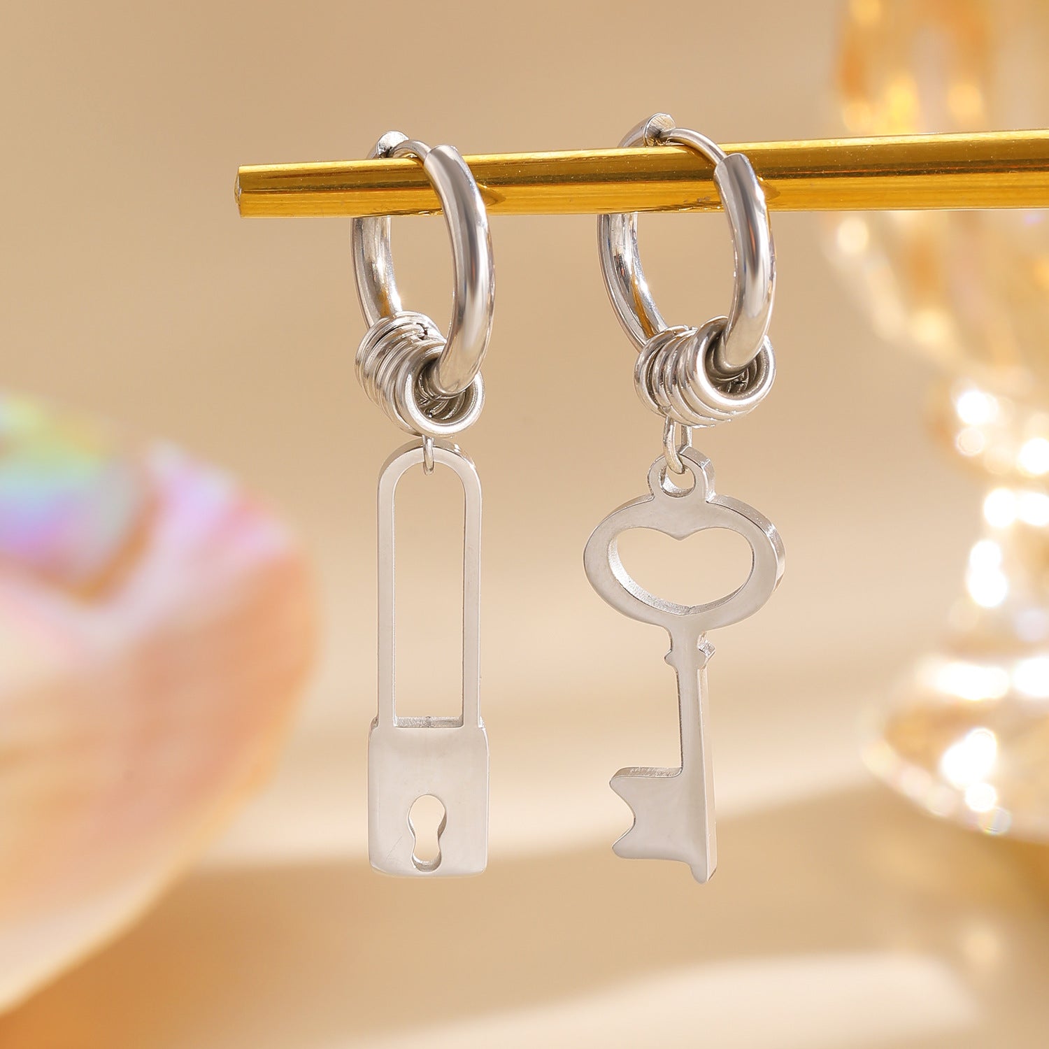 Trendy Lock & Key Charm Gold Silver Plated Alloy Hoop Earrings Bulk