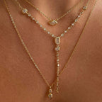 Dual Drop Solitaire CZ Gold Anti Tarnish Necklace Pendant Chain Bulk