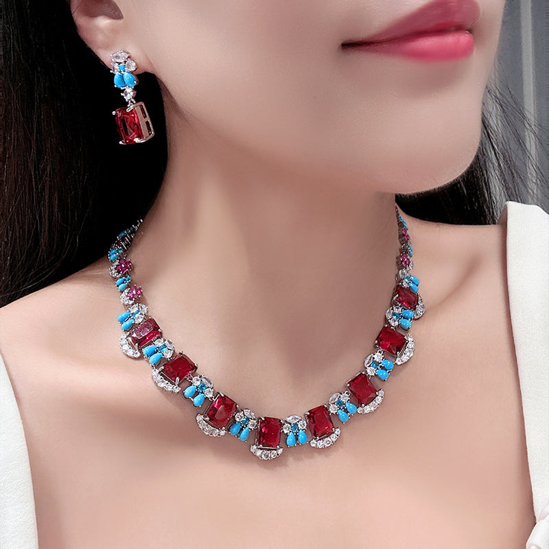 Square CZ Crystal Ruby Red Blue Silver Necklace Earring Set Bulk Secondary image