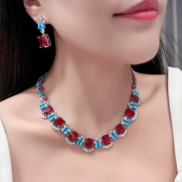 Square CZ Crystal Ruby Red Blue Silver Necklace Earring Set Bulk Secondary image