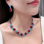Square CZ Crystal Ruby Red Blue Silver Necklace Earring Set Bulk