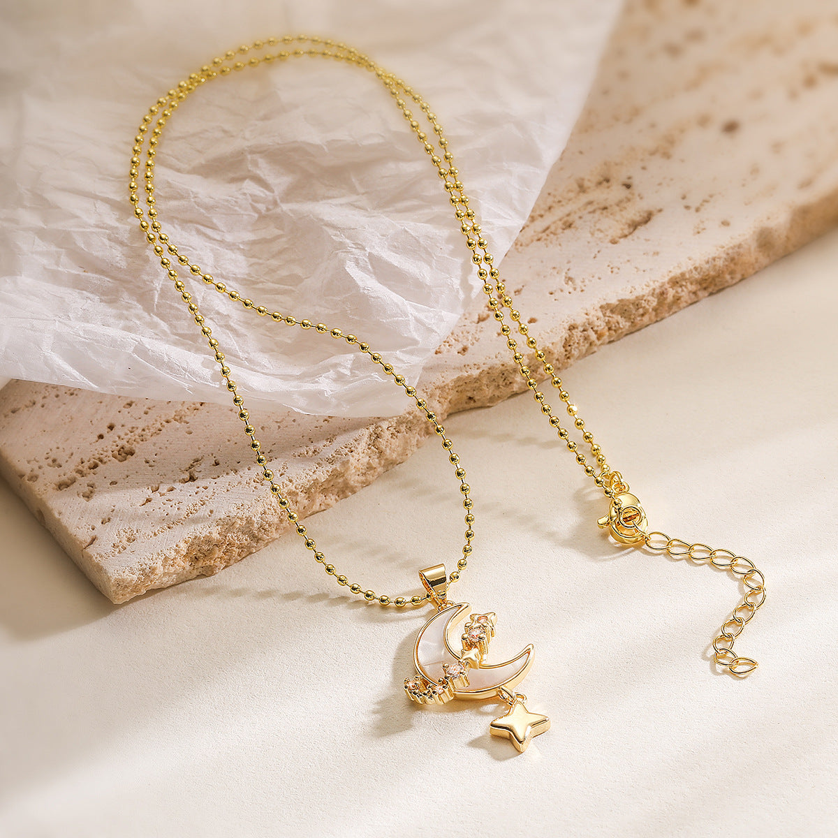 White Celestial Moon Star Gold Mother Of Pearl Copper Pendant Chain Bulk