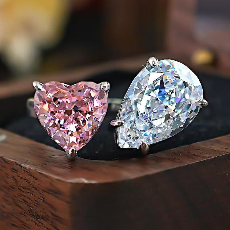 Pink White Heart Pear Cubic Zirconia Copper Adjustable Ring For Bulk
