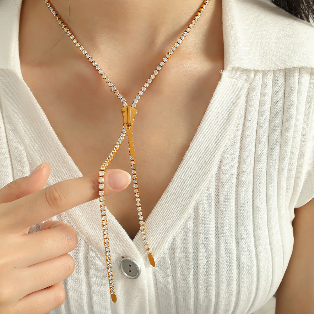 Stylish Zipper Style Gold CZ Anti Tarnish Stainless Steel Necklace Bulk Main image