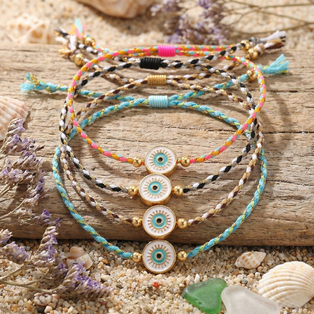 Multi Color Trendy Evil Eye Gold Beads Fabric Bracelet For Women Bulk