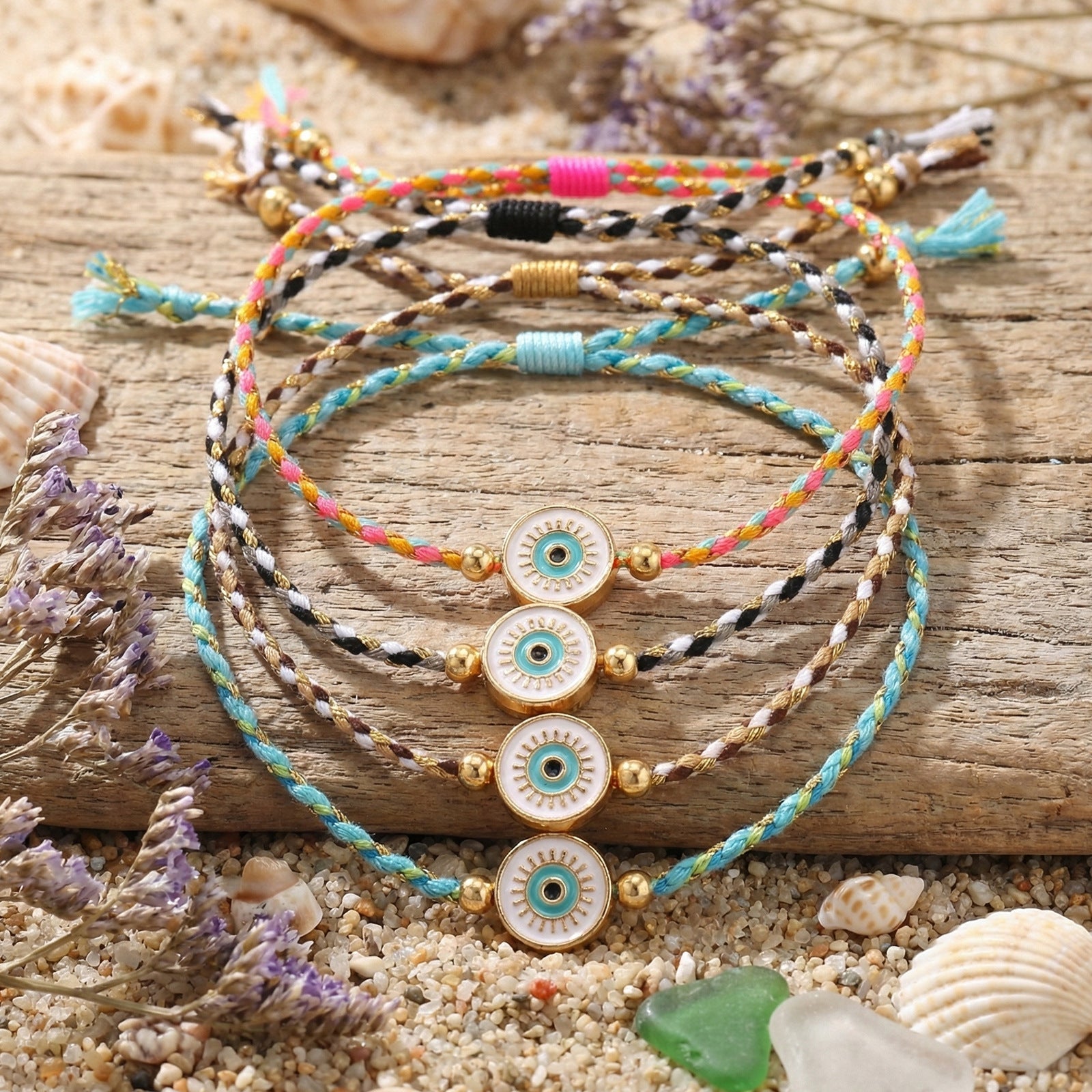 Multi Color Trendy Evil Eye Gold Beads Fabric Bracelet For Women Bulk