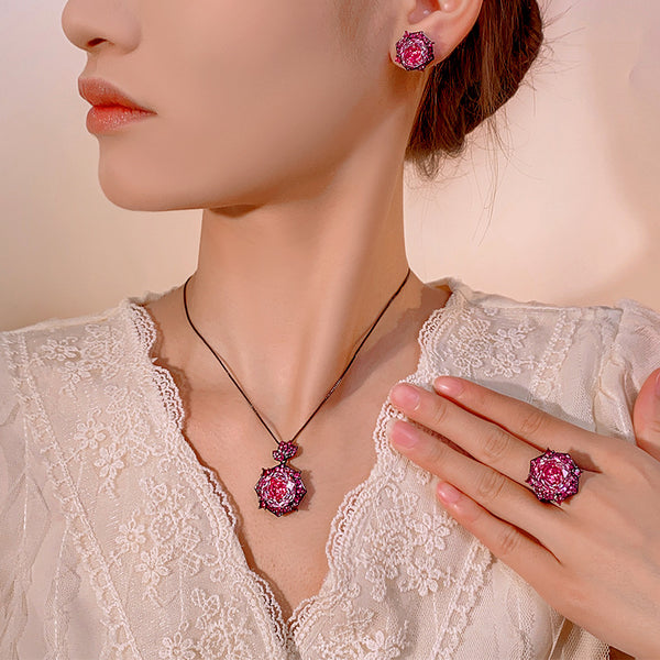 Rose Crystal Green Pink Black Pendant Earring Ring Set For Women Bulk Secondary image