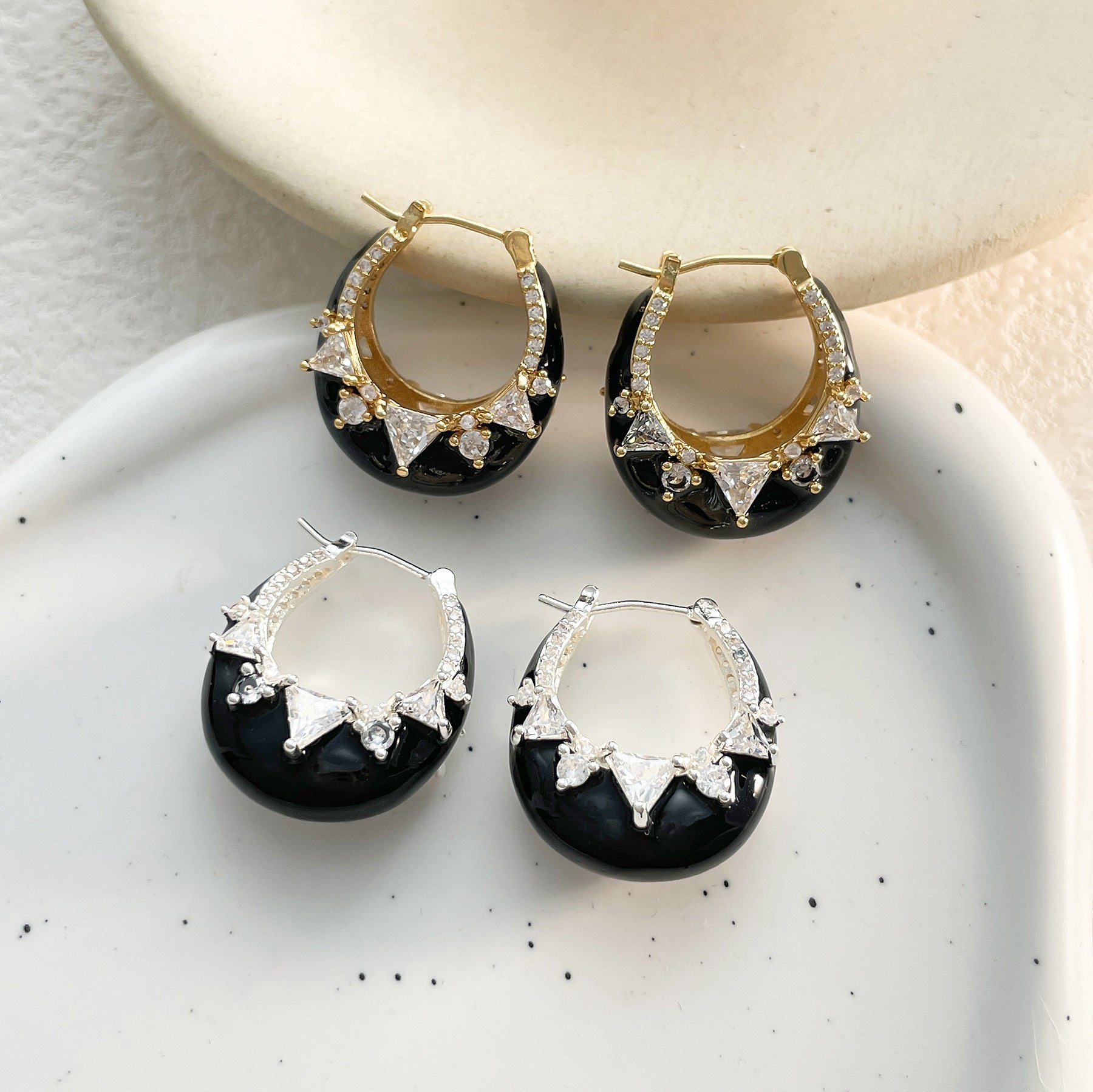 Solitaire Enamel Black 18K Gold Silver Anti Tarnish Hoop Earring Bulk Main image