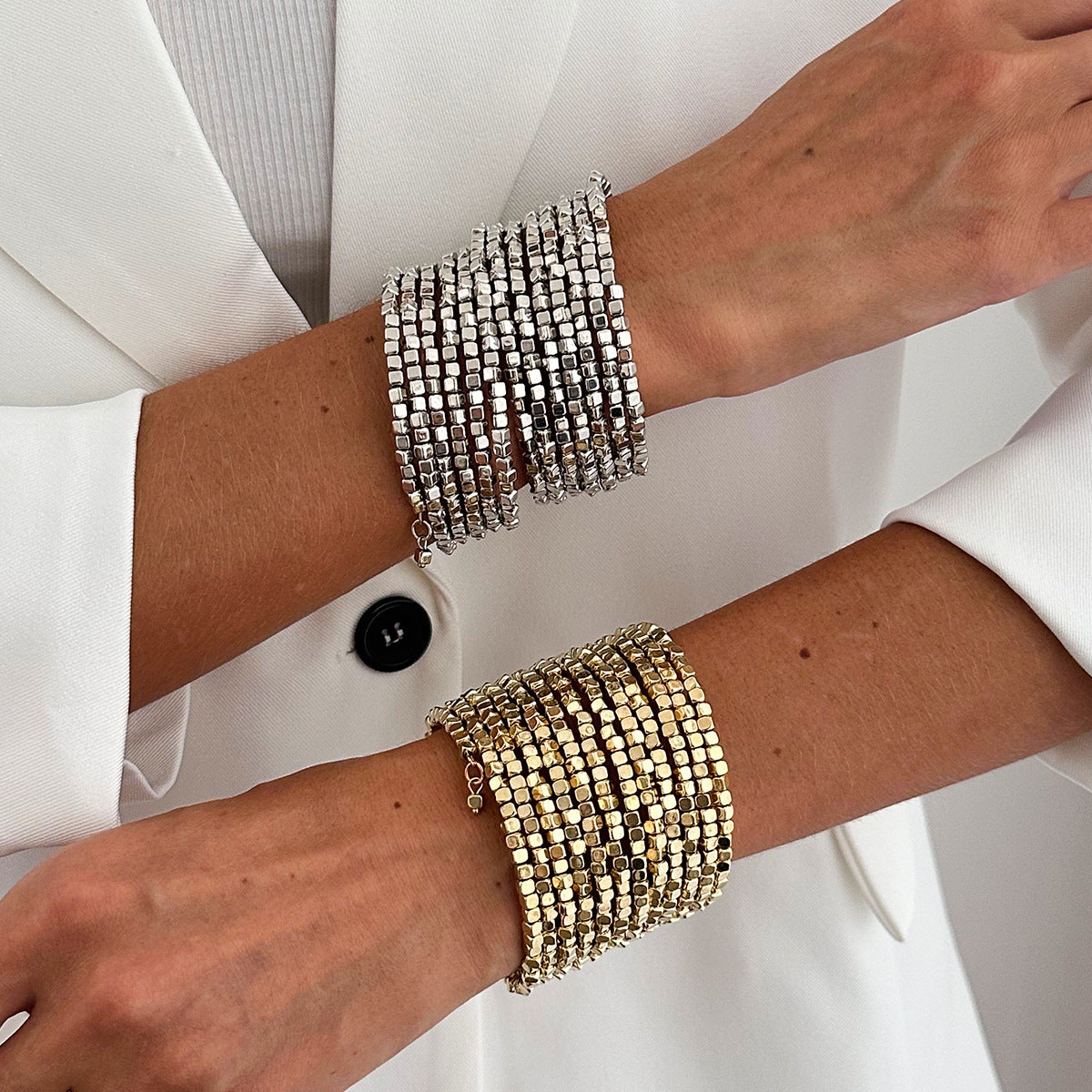 Heavy Look Square Stone Style Gold Silver Plated Beads Bracelet Bulk Main image