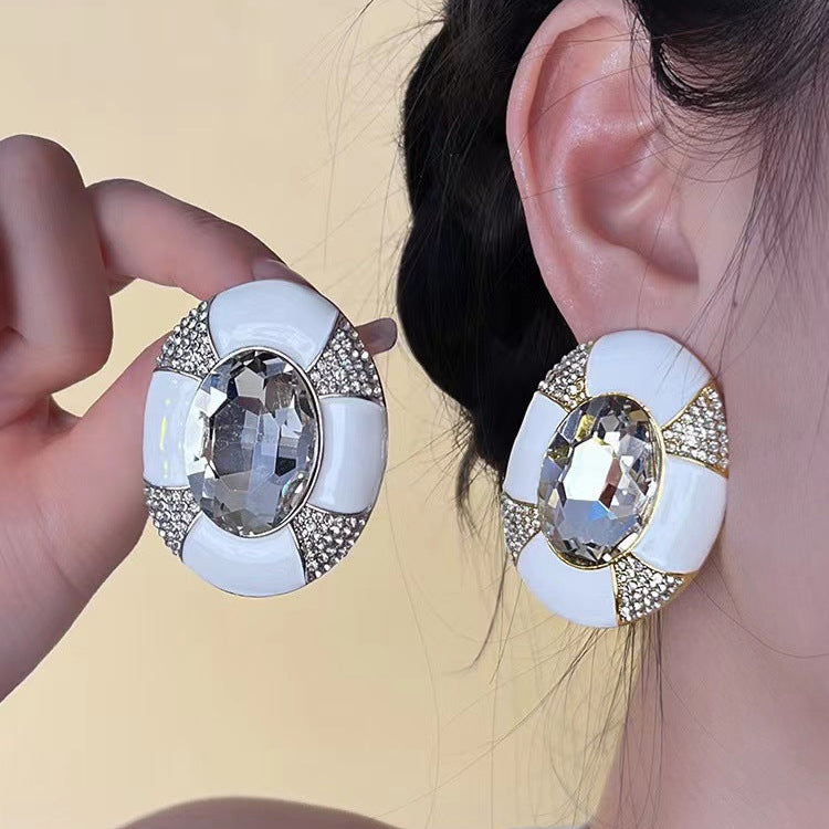 Oval 18K Gold White Enamel Cubic Zirconia Stud Earring For Women Bulk