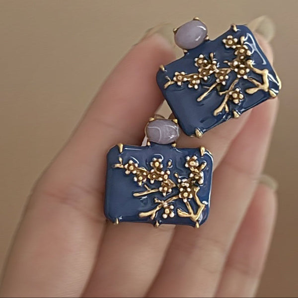 Blue Flower Gold Enamel  Anti Tarnish Copper Stud Earrings Women Bulk Secondary image
