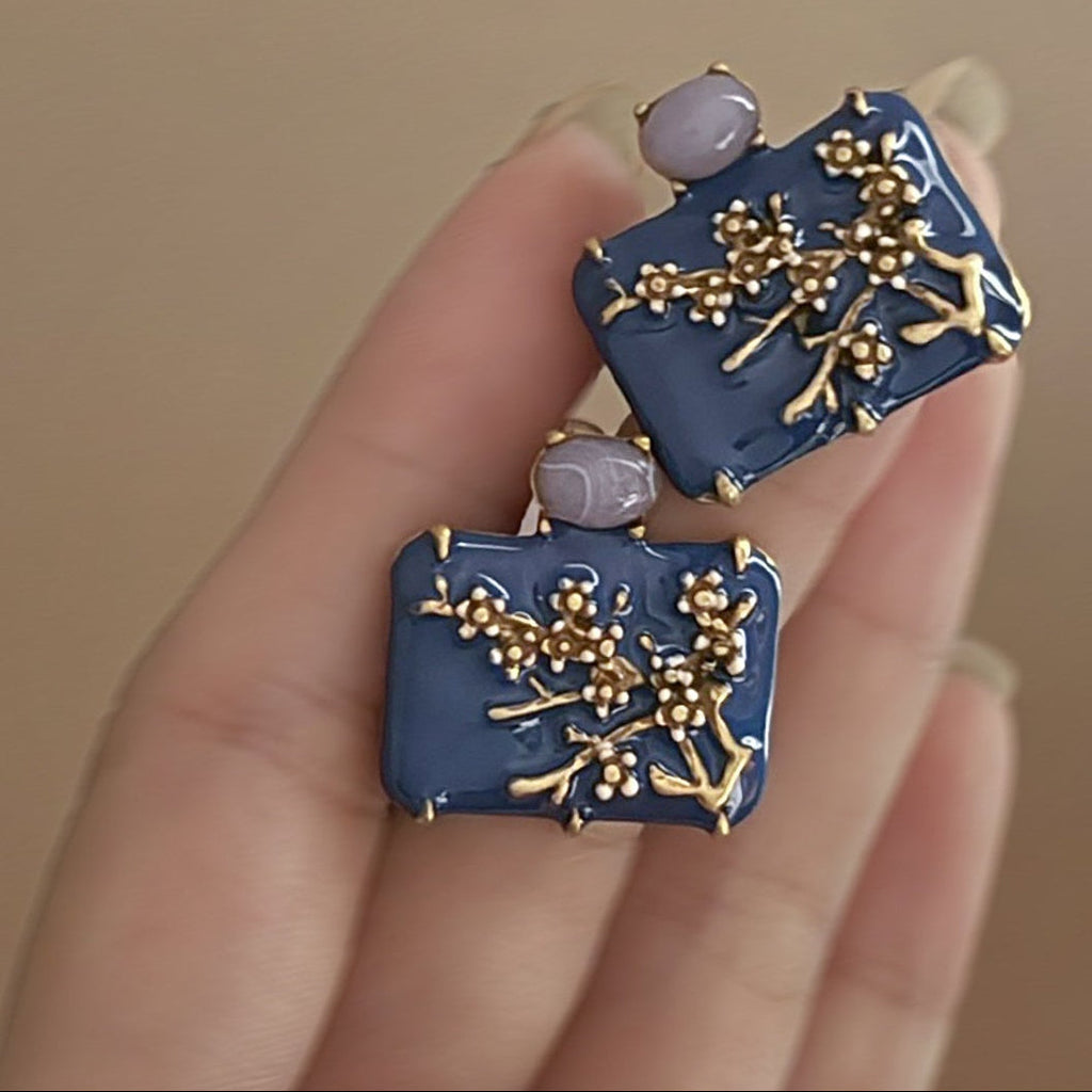 Blue Flower Gold Enamel  Anti Tarnish Copper Stud Earrings Women Bulk