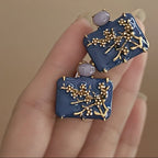 Blue Flower Gold Enamel  Anti Tarnish Copper Stud Earrings Women Bulk
