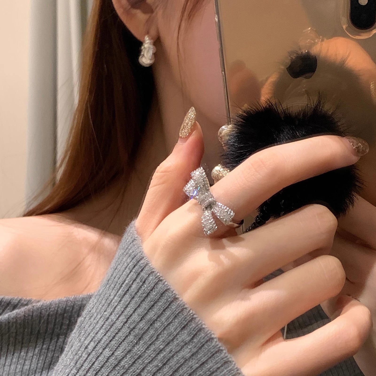 Bow Baguette Cubic Zirconia Silver Anti Tarnish Adjustable Ring Bulk