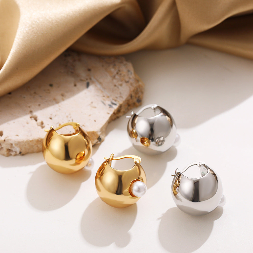 Modern Puffy Gold Silver Pearl Stainless Steel Hoop Earrings Wholesale Main image