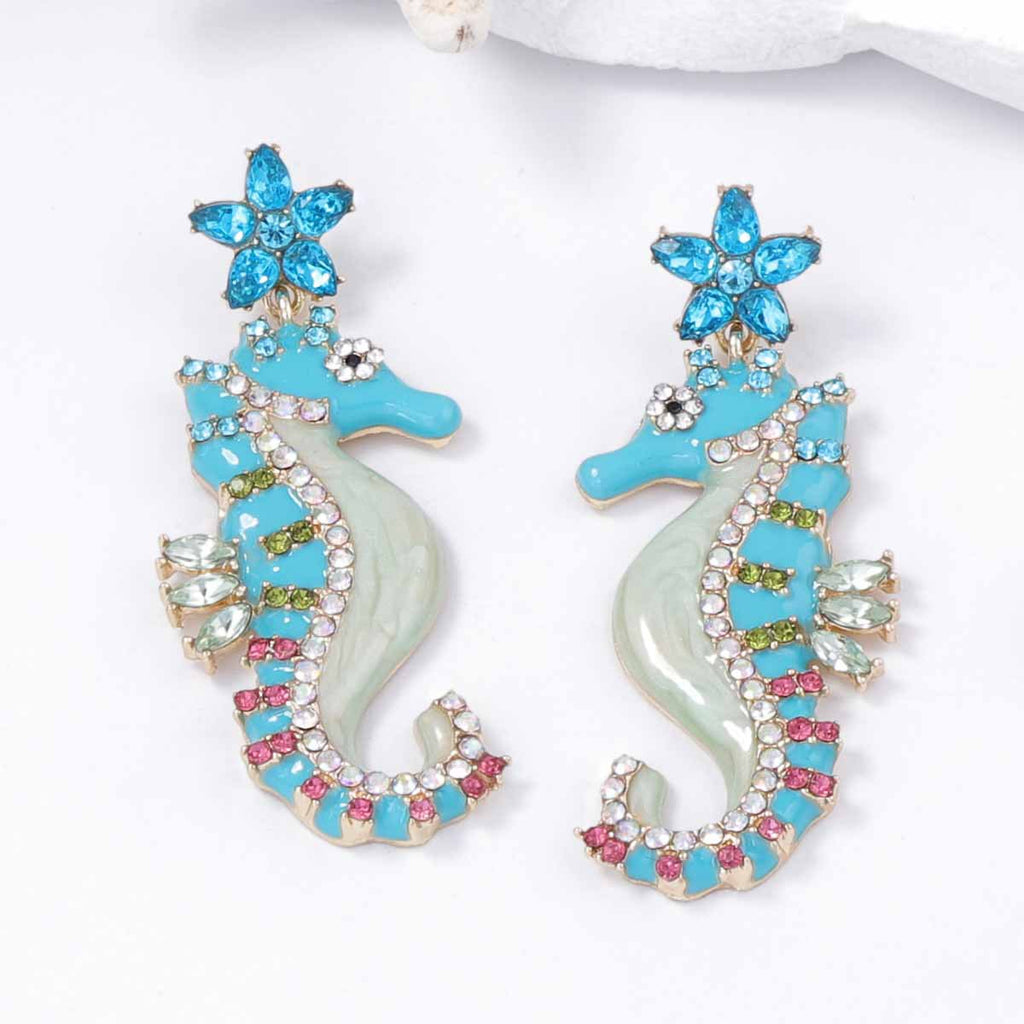 Seahorse Flower Multi CZ Enamel Anti Tarnish Dangler Earring Bulk