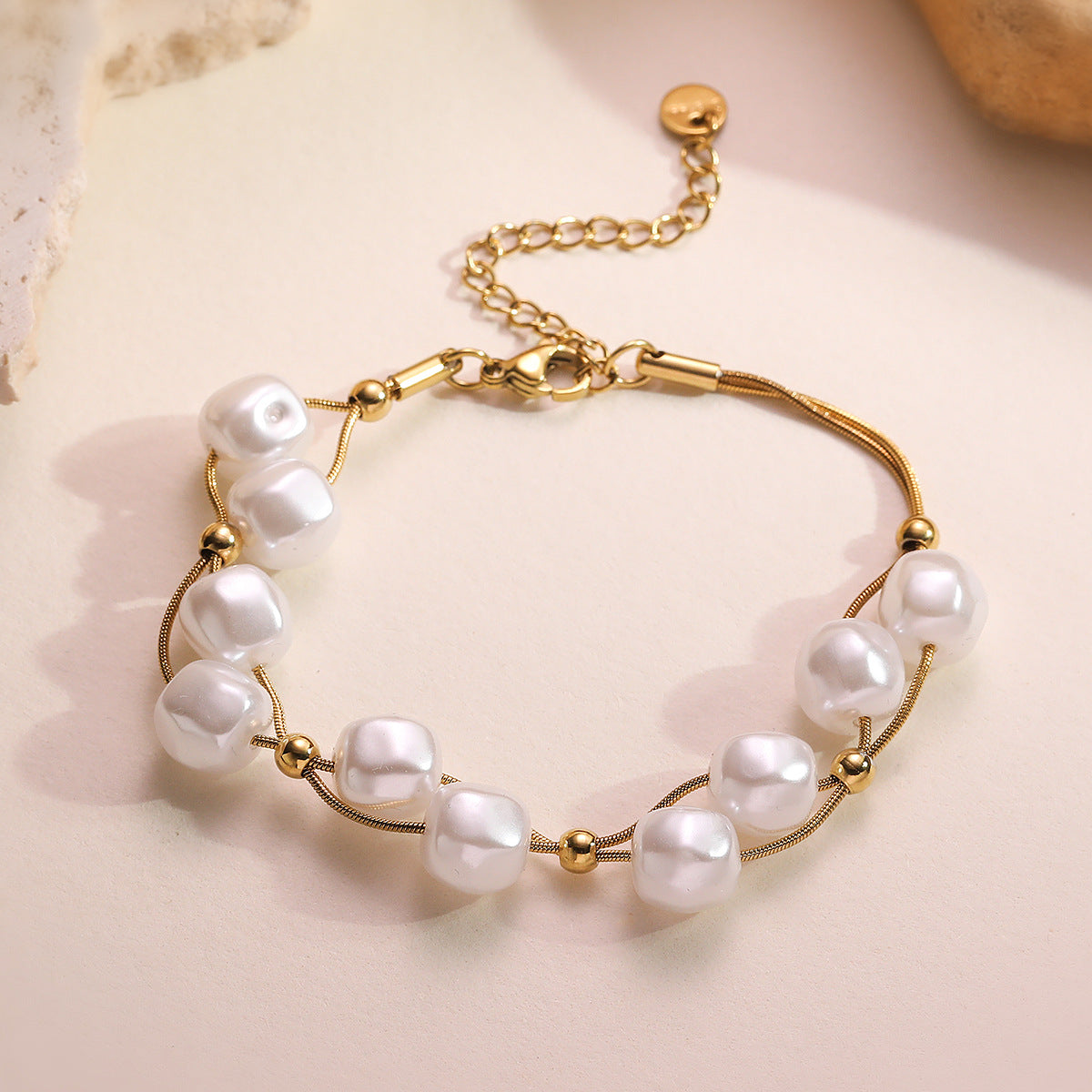 White Pearl 18K Gold Stainless Steel Anti Tarnish Dual Layer Chain Bracelet For Women