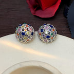 Round Sphere Navratna Gold Silver Plated CZ Copper Stud Earrings Bulk