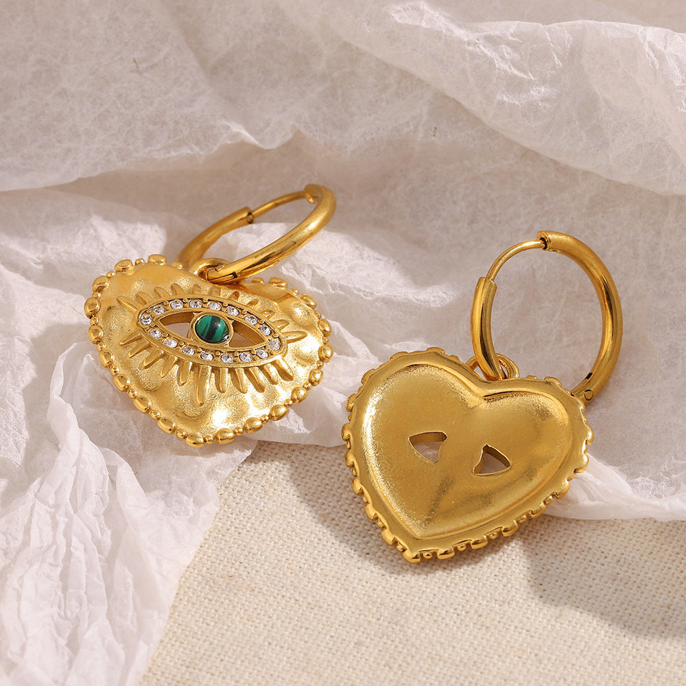 Heart Evil Eye 18K Gold CZ Stainless Steel Hoop Dangler Earring Bulk