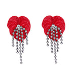 Red Monstera Leaf Gold Plated Rhinestone Dangler Earrings For Women Bulk