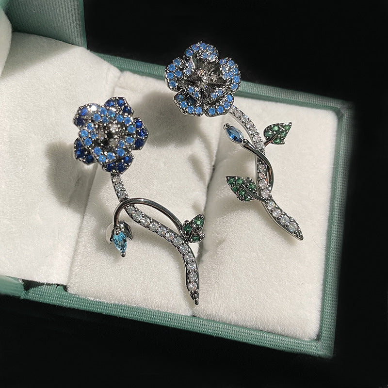 Flower Rose Solitaire Blue White Anti Tarnish Dangler Earring Bulk