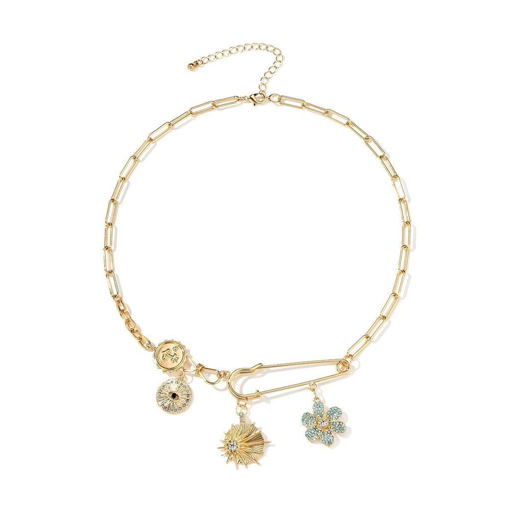 Safety Pin Flower 18K Gold CZ Anti Tarnish Charm Necklace Chain Bulk