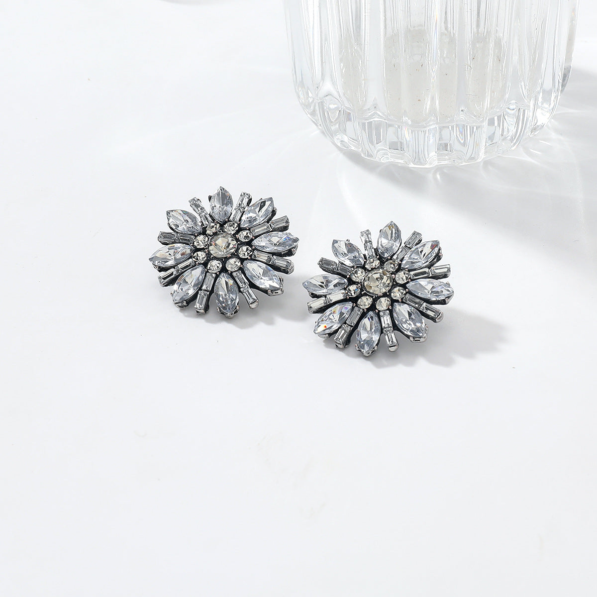 White Designer Floral Cluster Black Rhinestone Alloy Stud Earrings Bulk
