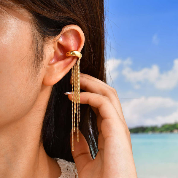 Bulk Chain Tassel Gold Plated CZ Stainless Steel Single Ear Cuff Main image