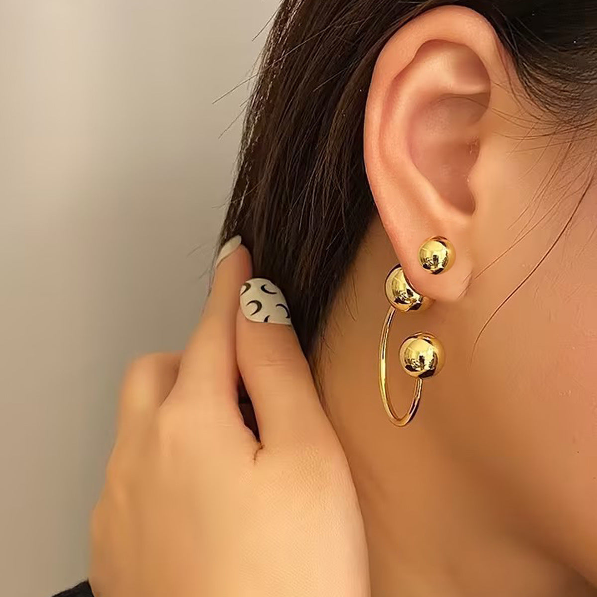 Minimalist Double Ball Gold Silver Stainless Steel Hoop Earrings Bulk Main image