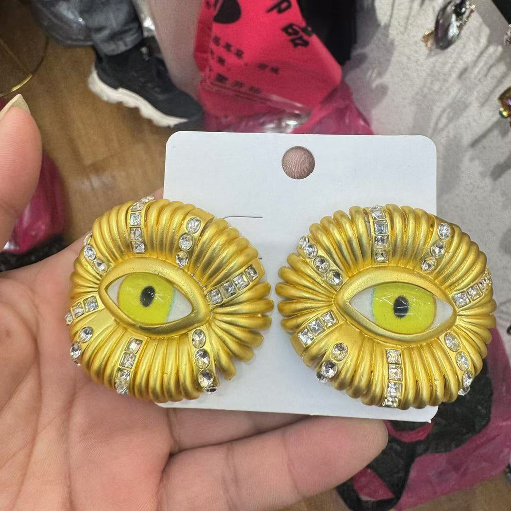 Wide Yellow Evil Eye Cubic Zirconia 18K Gold Stud Earring Women Bulk