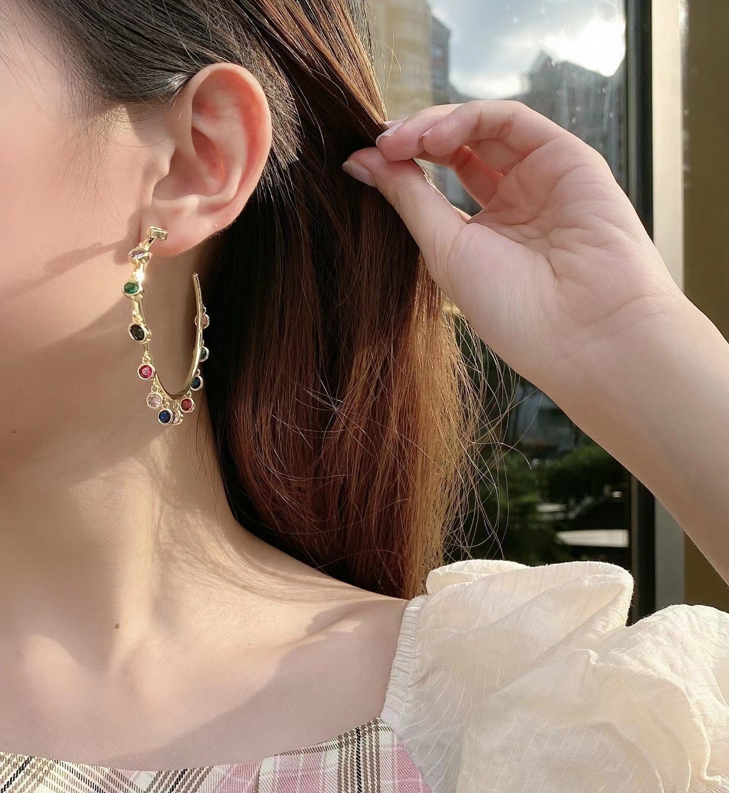 Oval Rainbow Crystal 18K Gold Plated Anti Tarnish Hoop Earring Bulk