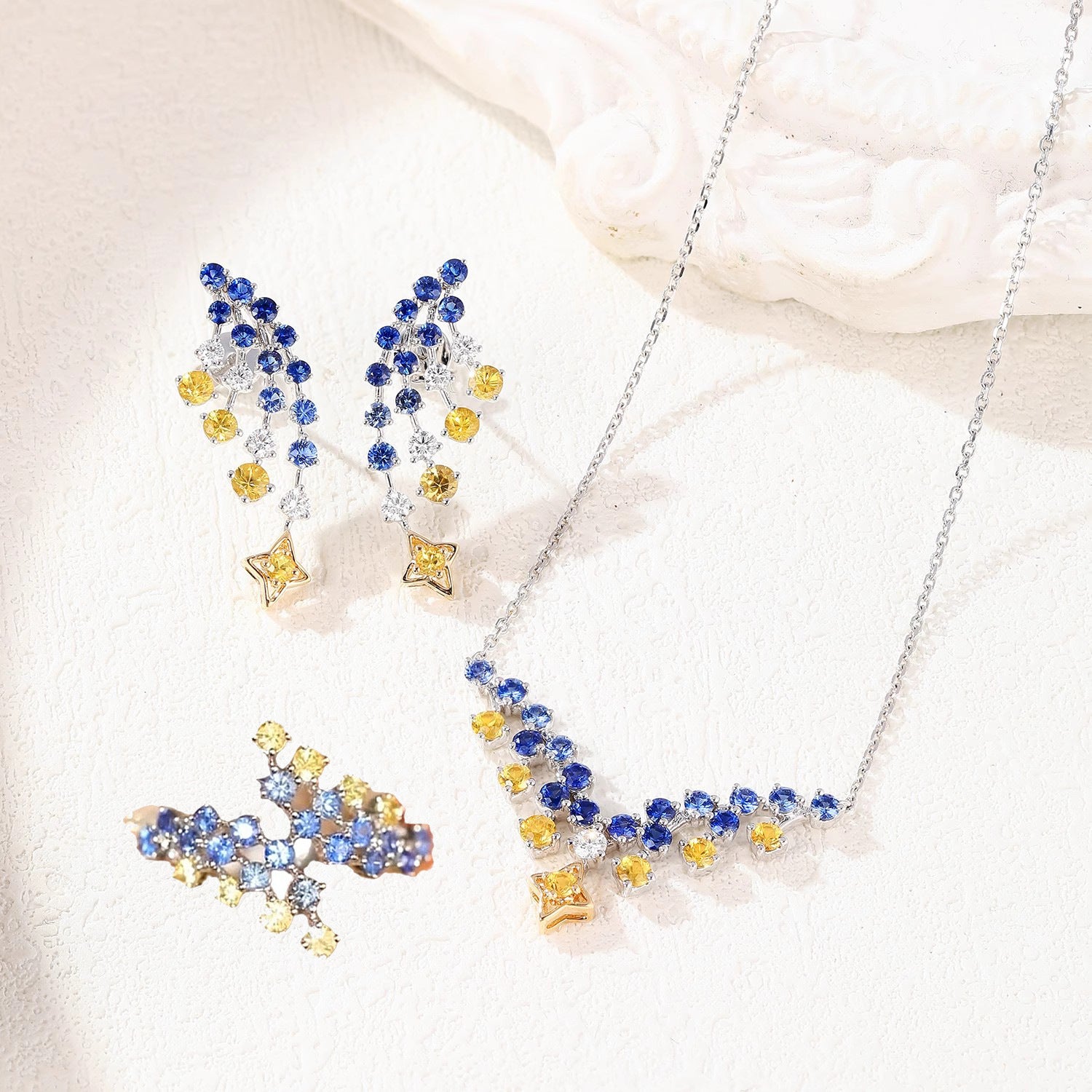 Multicolour Solitaire Brown Blue Cubic Zirconia Silver Anti Tarnish Necklace Earring Ring Set For Women Main image