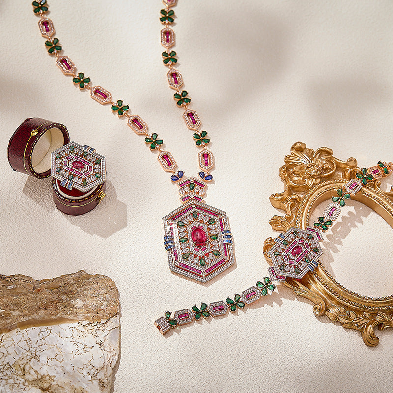 Hexagon Design Gold CZ Kundan-Polki Copper Necklace Combo Set Wholesale