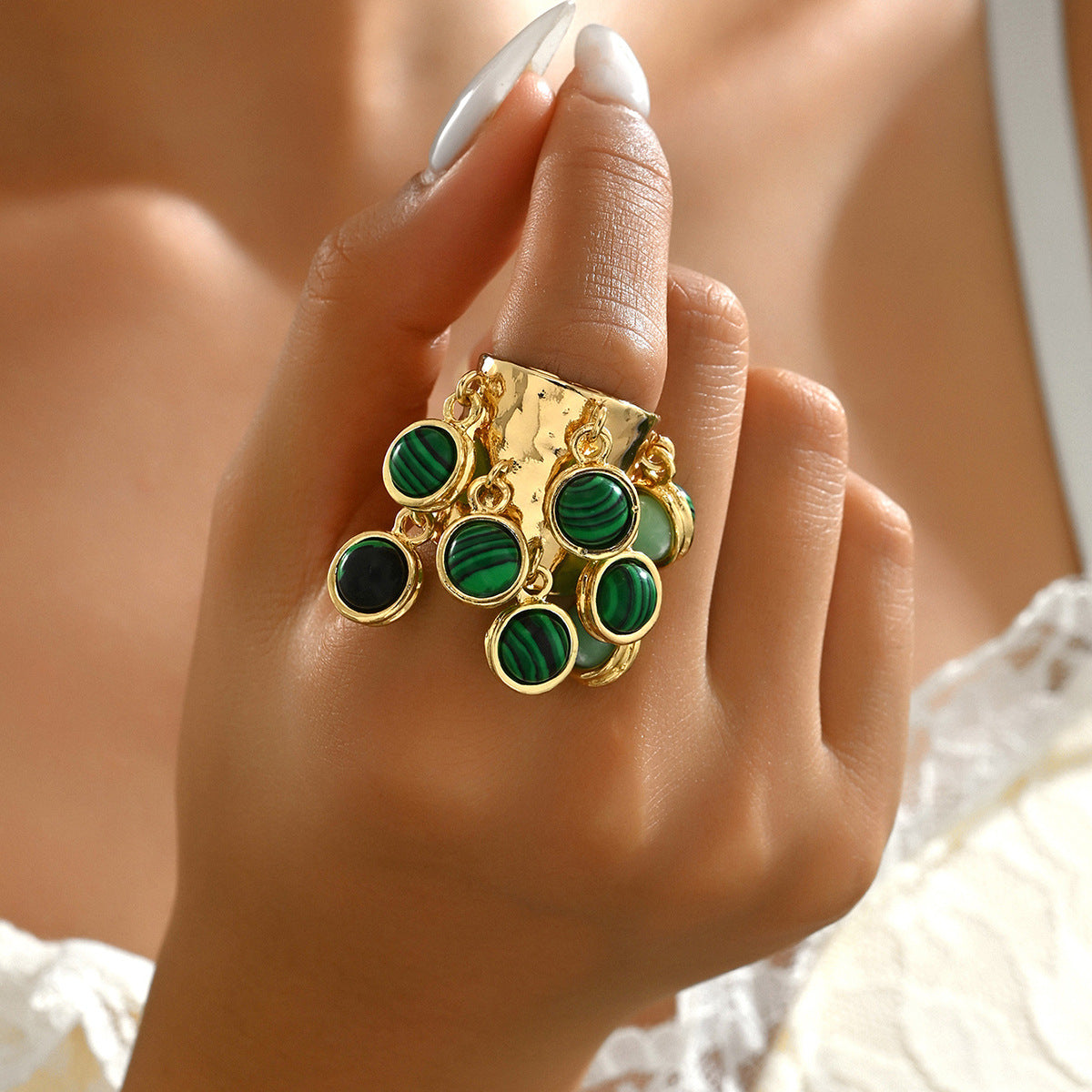 Hanging Charm Green Gold Anti Tarnish Free Size Band Ring Women Bulk Main image