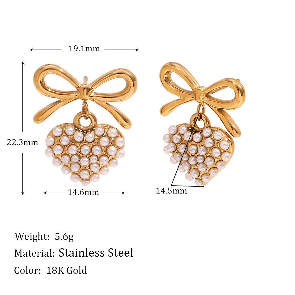 Bow Heart Pearl 18K Gold Anti Tarnish Stainless Steel Dangler Drop Earrings For Women