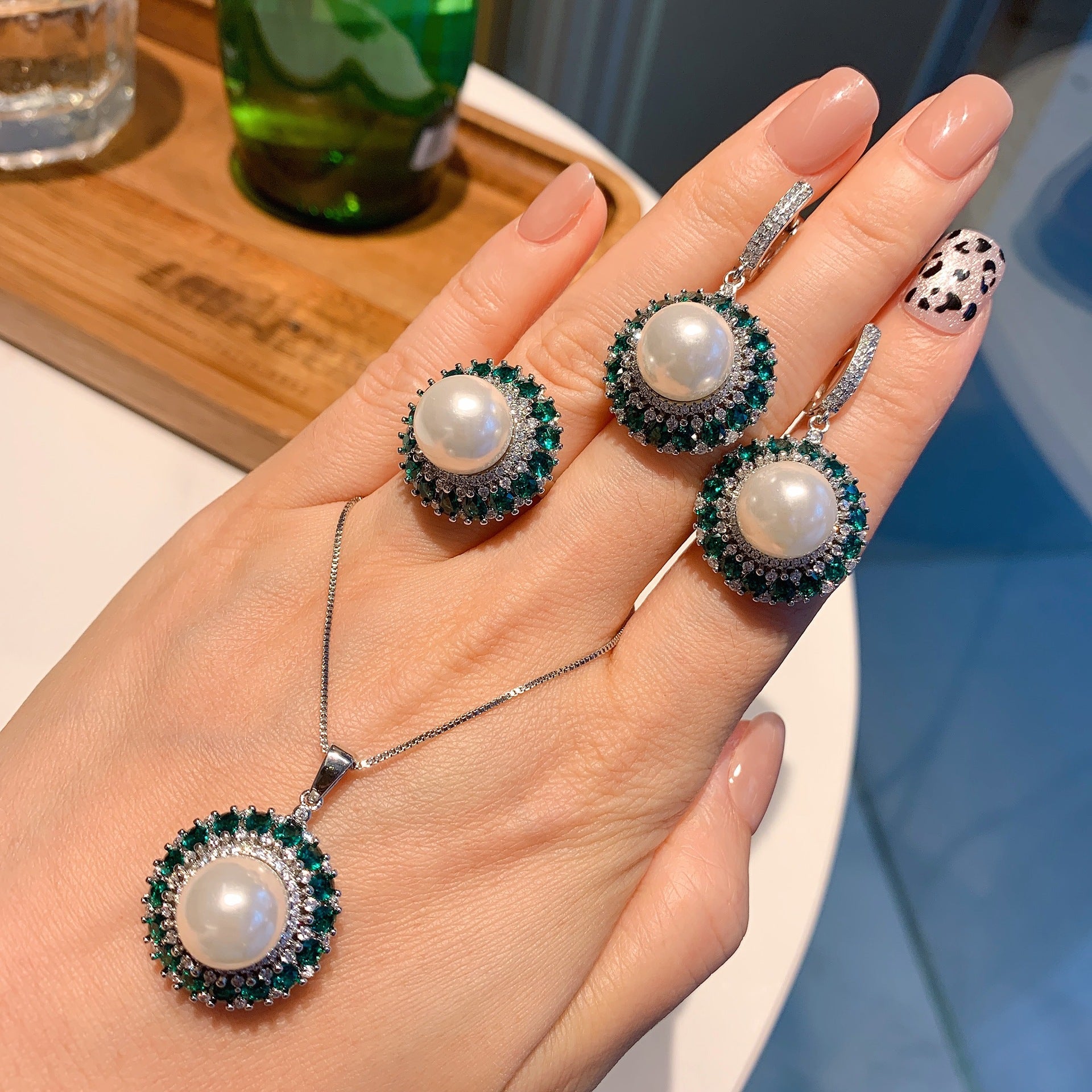 Pearl Green Pink Silver CZ Anti Tarnish Necklace Earring Set Bulk Main image
