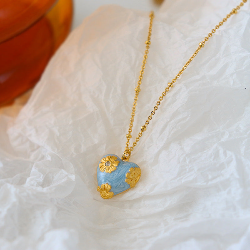 Heart Blue Gold Anti Tarnish Necklace Pendant Chain Earring Set Bulk