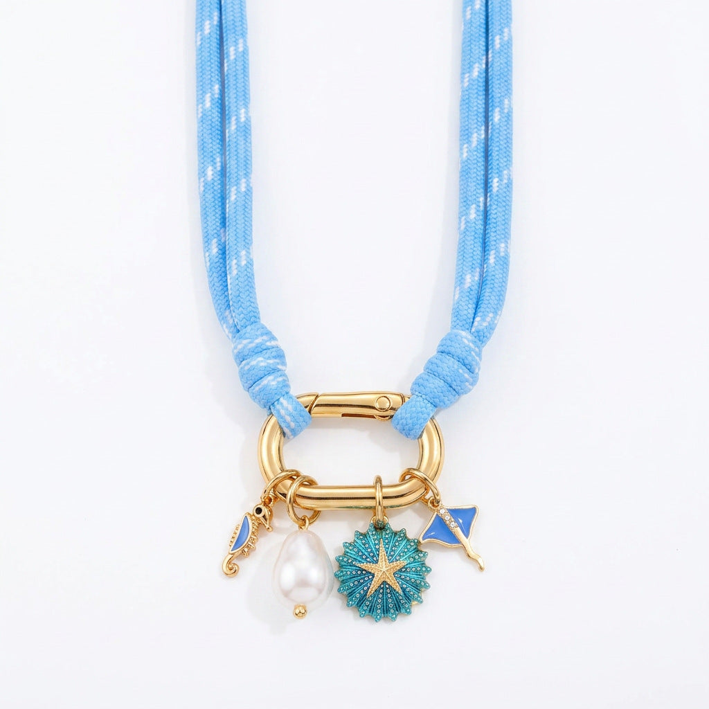 Trendy Coastal Style Blue Enamel Charm Gold Plated Fabric Necklace Bulk
