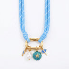 Trendy Coastal Style Blue Enamel Charm Gold Plated Fabric Necklace Bulk
