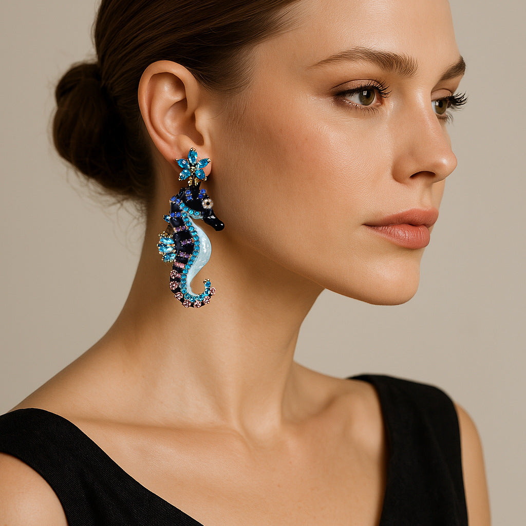 Seahorse Flower Multi CZ Enamel Anti Tarnish Dangler Earring Bulk