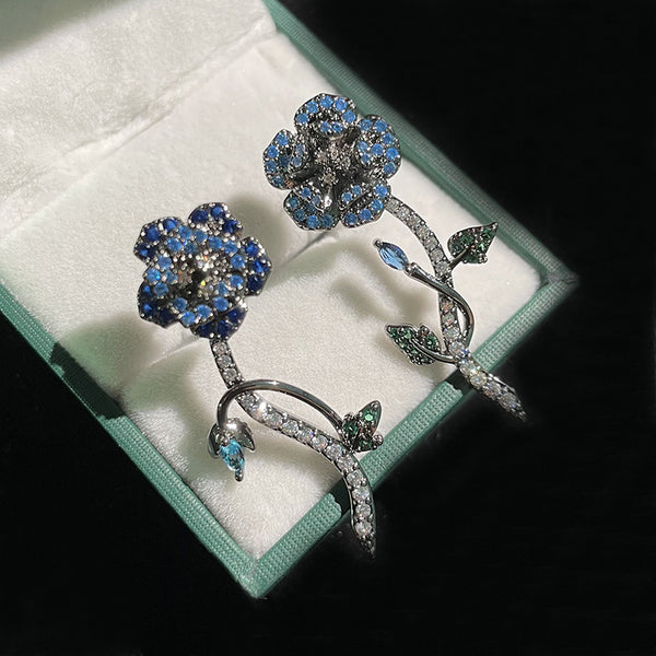 Flower Rose Solitaire Blue White Anti Tarnish Dangler Earring Bulk Main image