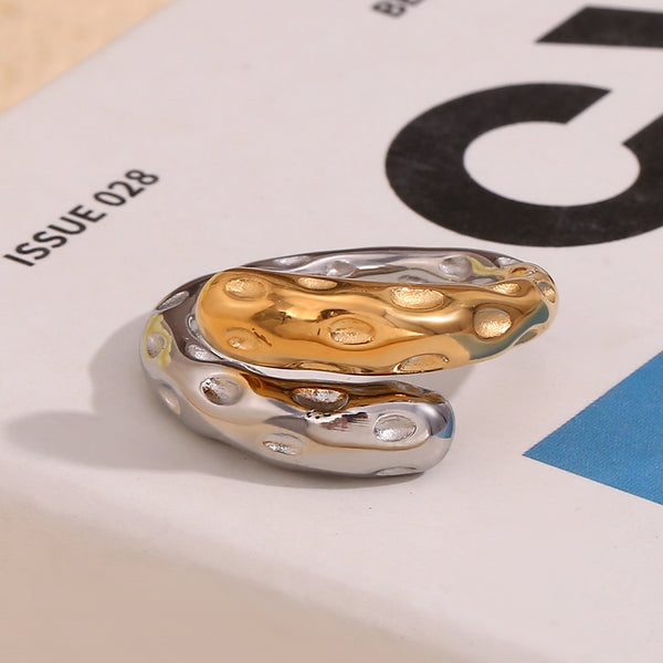 Beaten Finish Tow Tone Gold Silver Stainless Steel Free Size Ring Bulk Main image