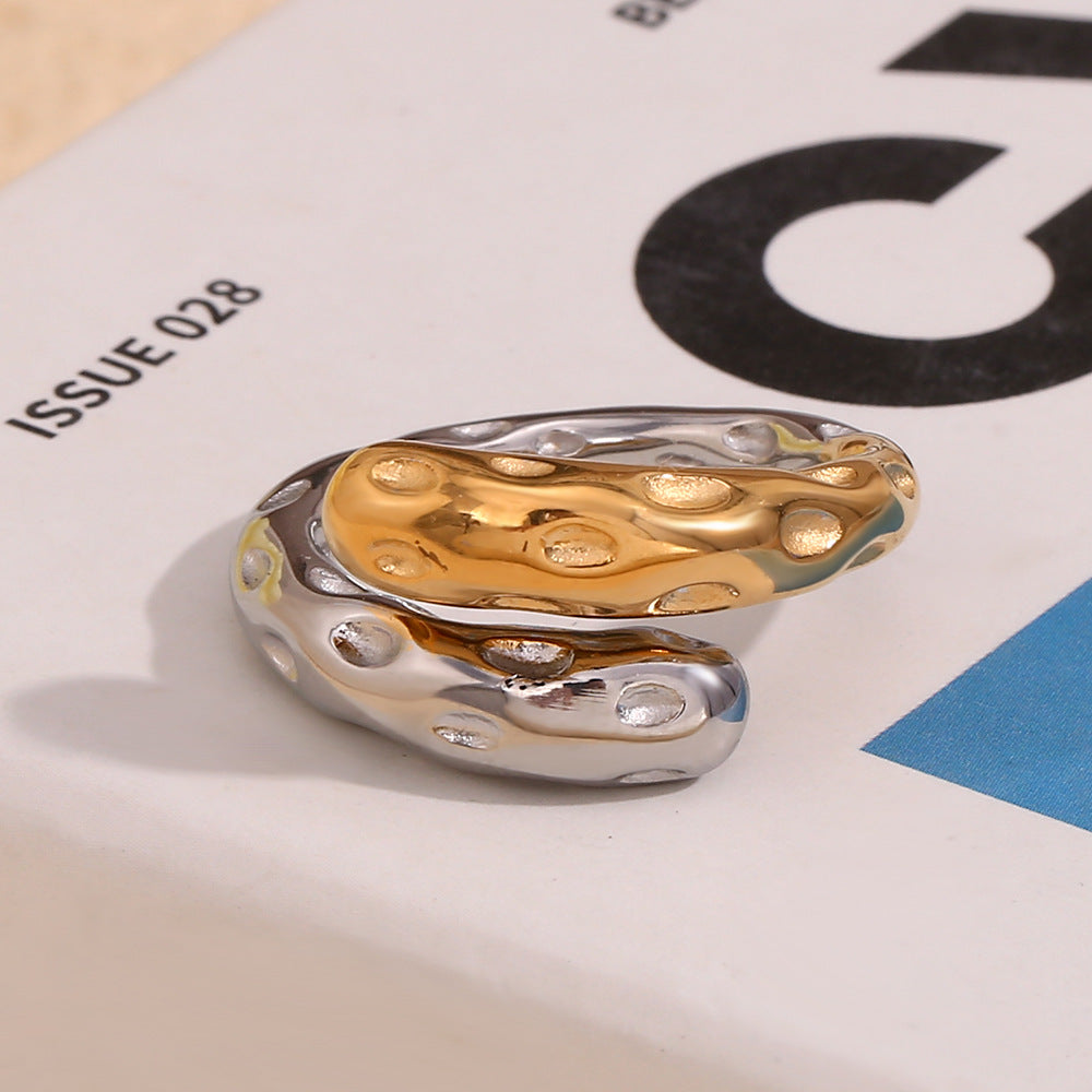 Beaten Finish Tow Tone Gold Silver Stainless Steel Free Size Ring Bulk